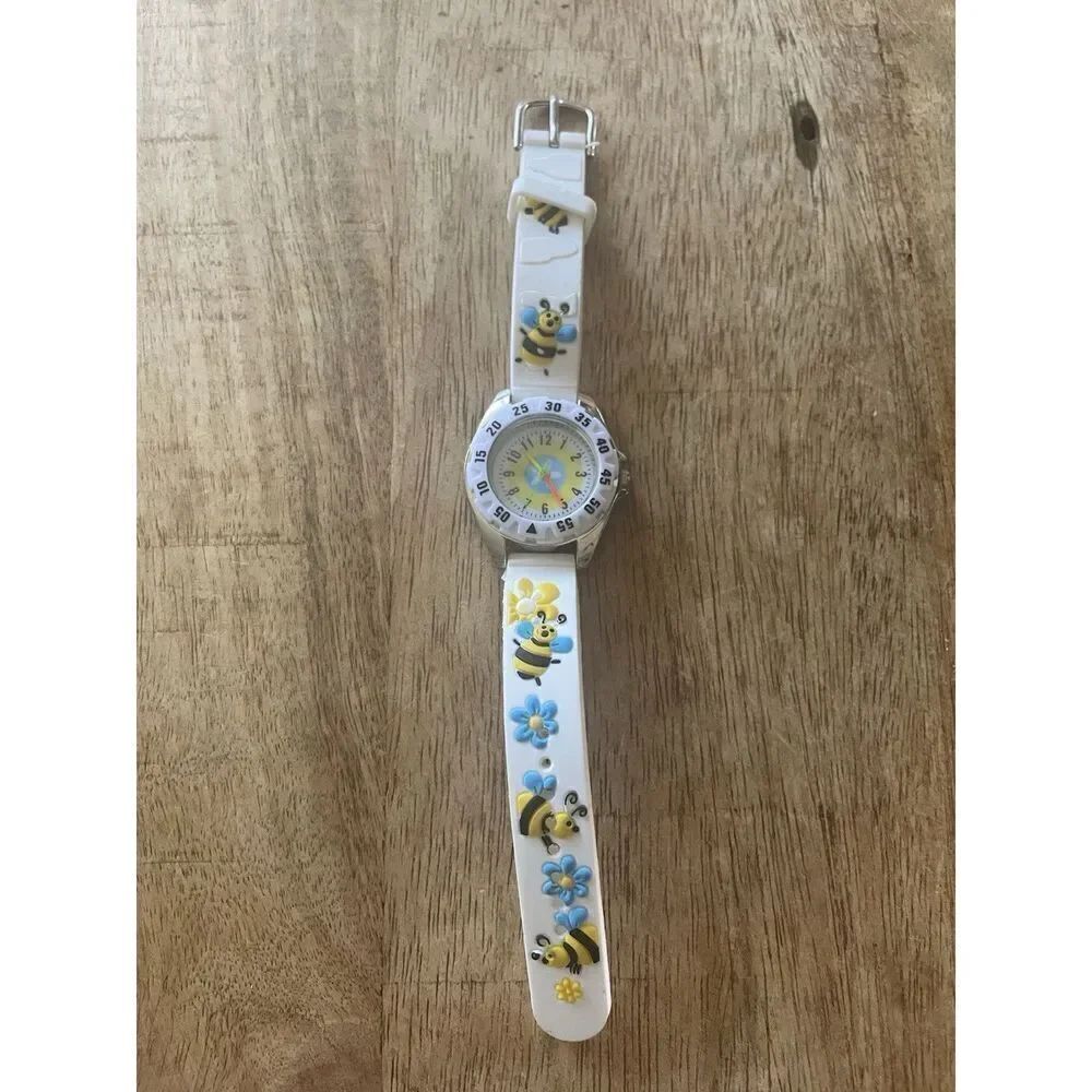 Kids Bee Theme Analog Watch White Strap Flowers Cute Design